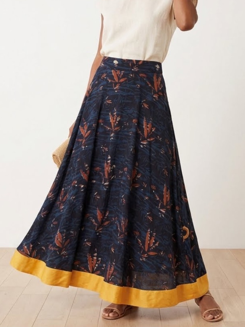 MAYBELL India Leaf Print Tropical Maxi Skirt small